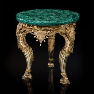 Handcrafted Malachite Table with 24K Gold-Plated Bronze Base & White Onyx Cabochons