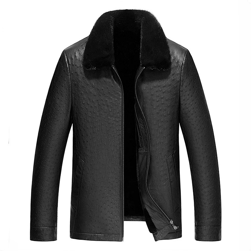 Classic Ostrich Leather Jacket with Mink Fur Lining – Black