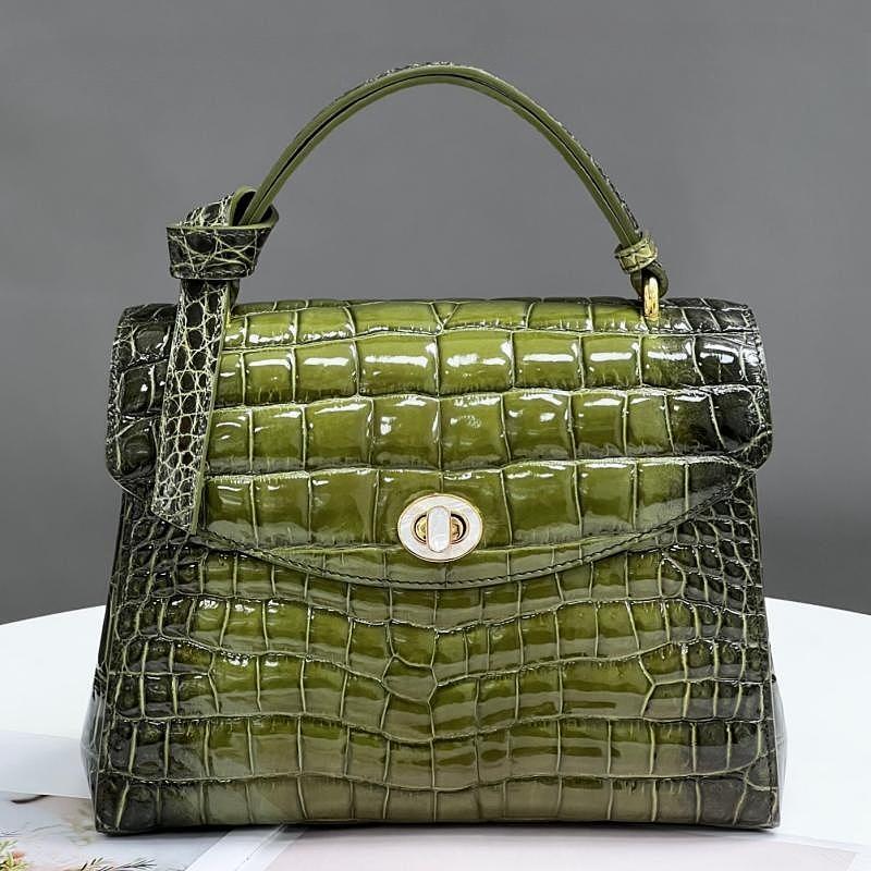 Gradient Green Alligator Leather Satchel – Top Handle Luxury Handbag
