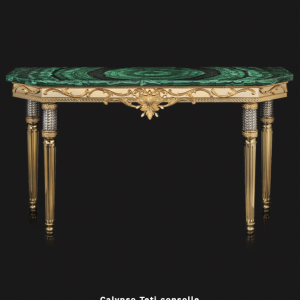 Handcrafted Malachite Console Table with 24K Gold-Plated Bronze Base & White Onyx Cabochons