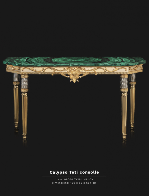 Handcrafted Malachite Console Table with 24K Gold-Plated Bronze Base & White Onyx Cabochons