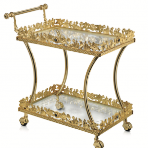 24K Gold-Plated Glass Food Trolley with Stone Cabochon Accents