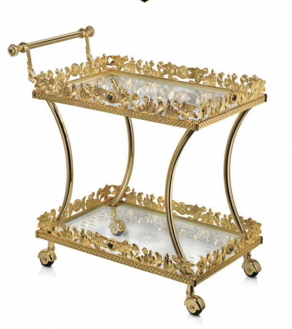24K Gold-Plated Glass Food Trolley with Stone Cabochon Accents